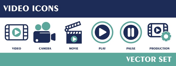 Icone video contenenti la macchina fotografica pause di riproduzione Flat Design Vector Set