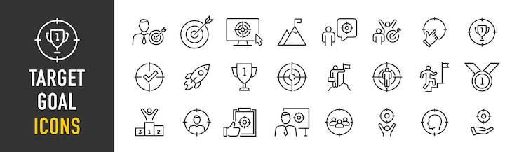 Vettore icone web goal e target in stile linea successo raggiungimento obiettivo di business obiettivo di carriera raccolta illustrazione vettoriale
