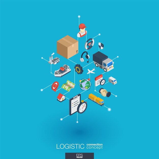 Icone web integrate logistiche. Concetto di interazione isometrica rete digitale. Sistema grafico di punti e linee collegato. Sfondo astratto per la consegna di consegna e distribuzione. infograph