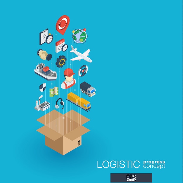 Icone web integrate logistiche. Concetto di progresso isometrico della rete digitale. Sistema di crescita della linea grafica collegato. Sfondo astratto per la consegna di consegna e distribuzione. infograph