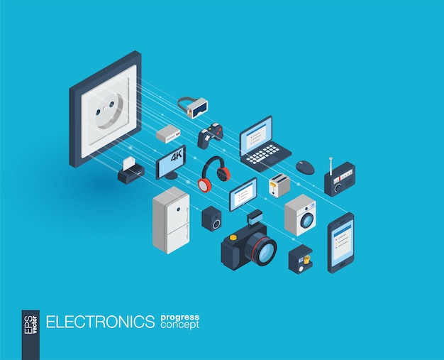 Icone web integrate nell'elettronica. Concetto di progresso isometrico della rete digitale. Sistema di crescita della linea grafica collegato. Sfondo astratto per tecnologia, gadget per la casa. infograph