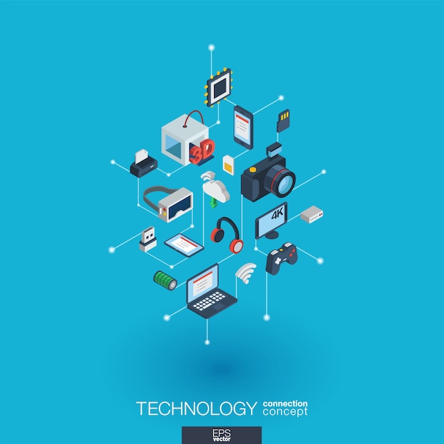 Icone web integrate nella tecnologia. Concetto di interazione isometrica rete digitale. Sistema grafico di punti e linee collegato. Sfondo con stampa wireless e realtà virtuale. infograph