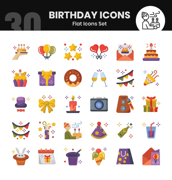 Iconette di compleanno Bundle Stile di icone piatte Illustrazioni vettoriali