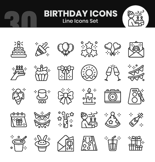 Iconette di compleanno Bundle Thin outline icon style Vector illustrations