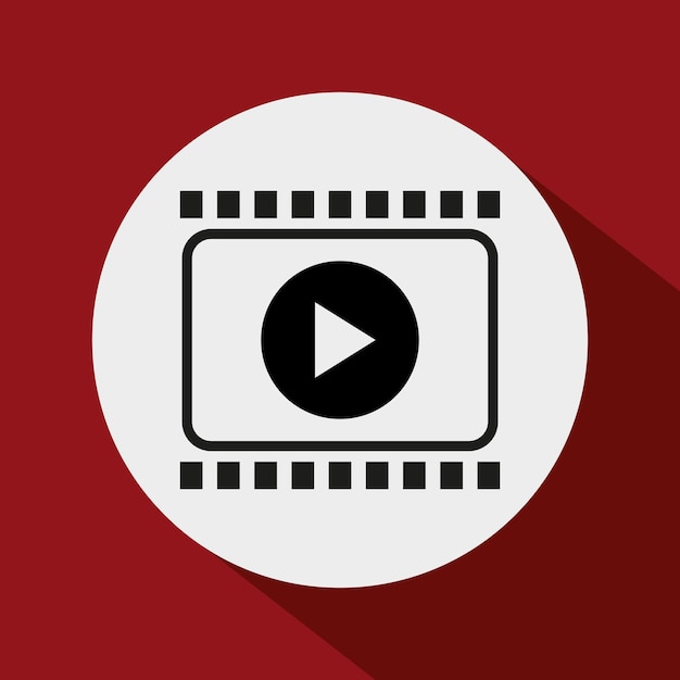 Iconica del pulsante di riproduzione Quadro a striscia di film Vettore di sfondo rosso Disegno del simbolo multimediale