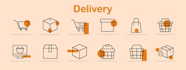 Iconica del set di consegna Confezione del carrello di acquisto Pacchetto di acquisto online Ordine del carrello d'acquisto Ordine di spedizione Prodotto di vendita al dettaglio Logistica di corriere Spedizione negozio acquisto magazzino