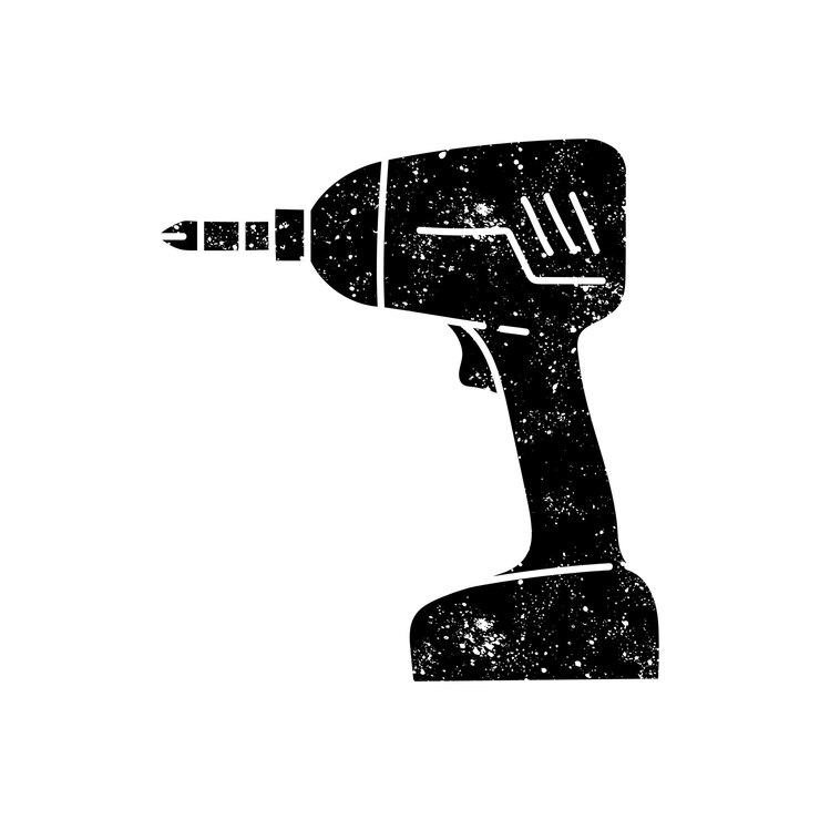 Vettore iconica del trapano elettrico senza fili, strumento per la lavorazione del legno, icona nera disegnata a mano in stile grunge
