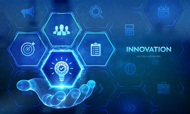 Iconica dell'innovazione nella mano del telaio di filo Idea aziendale innovativa e concetto tecnologico di soluzione