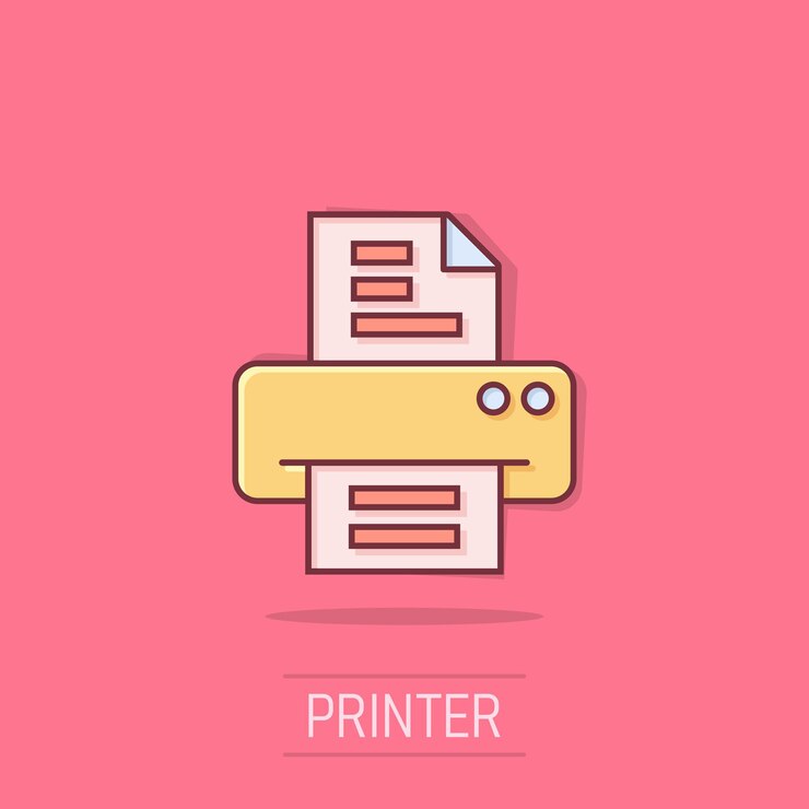 Vettore iconica della stampante d'ufficio in stile fumetto illustrazione vettoriale di cartoni animati di fax su sfondo isolato testo stampato effetto splash concetto di business