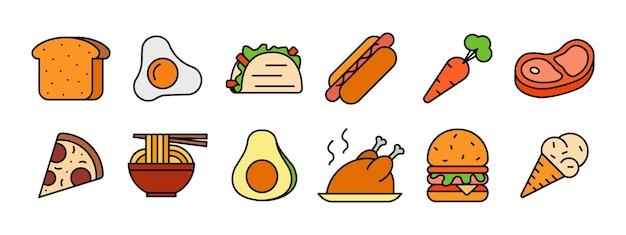 Iconica di cibo pane uova fritte taco hot dog carota bistecca pizza ramen avocado arrosto pollo burger gelato cono cucina alimentare