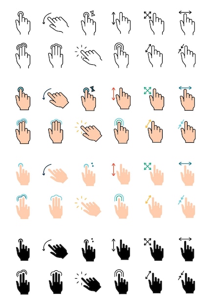 Iconica di impostazione dei gesti Swipe tap doubleclick rotate pinch zoom scroll gesture touchscreen interazione interfaccia utente movimento della mano multitouch gesture swipe pinch control