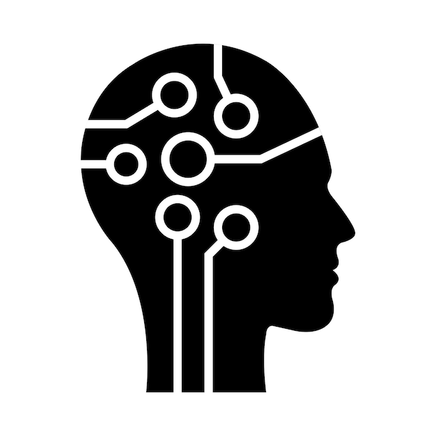 Iconica di intelligenza artificiale del viso umano con un chip digitale sul cervello per il computer