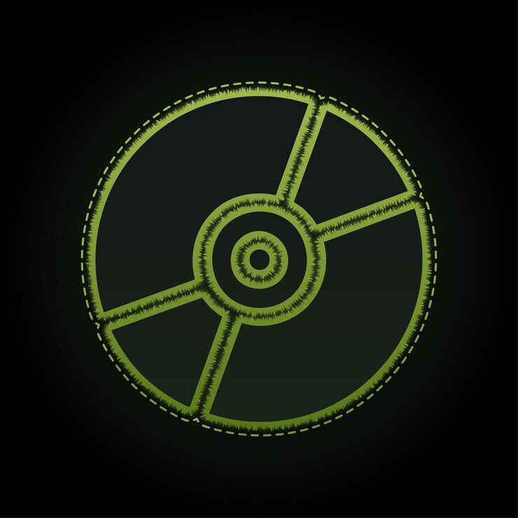 Vettore iconica in neon verde in rilievo di dj o cd disc con sfondo scuro modificabile