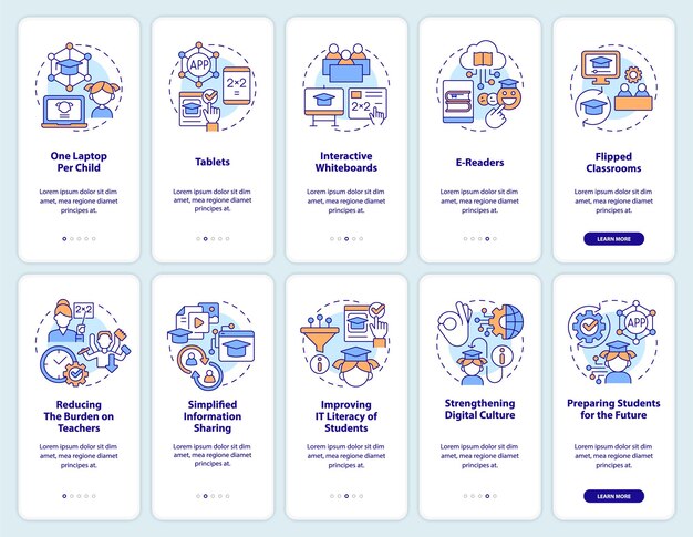 ICT nel settore dell'istruzione per l'onboarding degli schermi delle app mobili impostati