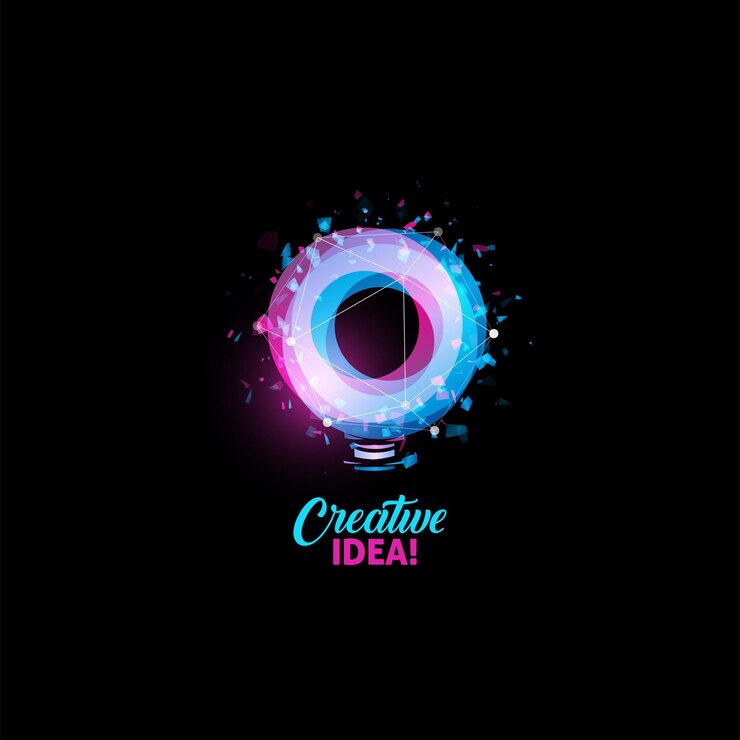 Vettore idea creativa lampadina icona vettore astratto lampada stilizzata di forma rotonda rosa e blu isolata con testo illustrazione vettoriale della tecnologia di innovazione digitale