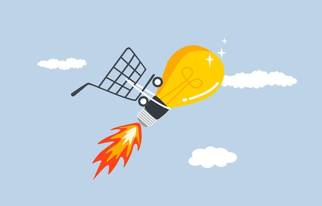 Idea creativa per aumentare il concetto di vendita Carrello legato a un'idea lampadina razzo che vola in alto nel cielo