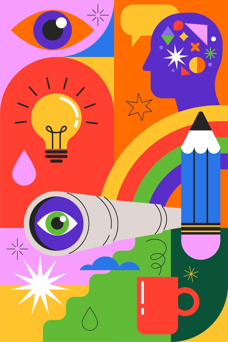Vettore idea di pensiero fuori dalla scatola creatività e design concetto di sfondo banner poster stile geometrico design vettoriale con lampadina matita cerebrale