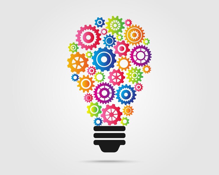 Vettore idea lampadina e ingranaggio creativo colorato impostazione icona concetto cog inovation business