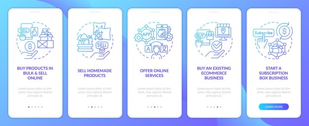 Idee di avvio redditizie schermata dell'app mobile per l'onboarding del gradiente blu