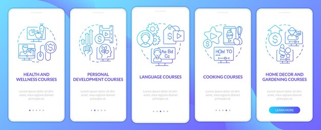 Idee per tutorial online con gradiente blu sullo schermo dell'app mobile