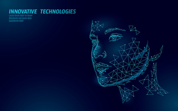 Identificazione biometrica del volto umano femminile basso poli. Concetto di sistema di riconoscimento. Tecnologia di innovazione per la scansione ad accesso sicuro dei dati personali. Illustrazione di rendering poligonale 3D