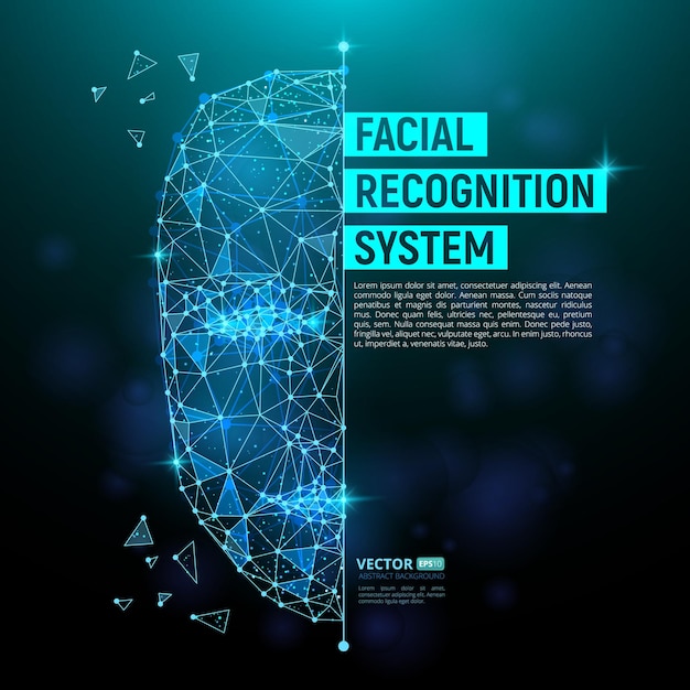 Identificazione biometrica o concetto di sistema di riconoscimento facciale. Illustrazione vettoriale del volto umano costituito da poligoni, punti e linee con posto per il testo isolato su sfondo blu scuro