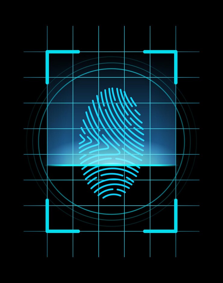 Vettore identificazione delle impronte digitali tecnologia futuristica scansione della sicurezza delle impronte digitali o del concetto di sistema di identificazione illustrazione vettoriale design dei dati biometrici sistema di sicurezza delle linee del pollice