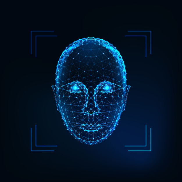 Identificazione di persona biometrica, concetto di riconoscimento facciale. Futuristico volto umano poligonale basso