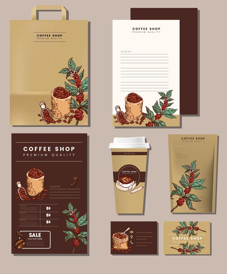 Vettore identità di marca del caffè set retro decorazione disegnata a mano