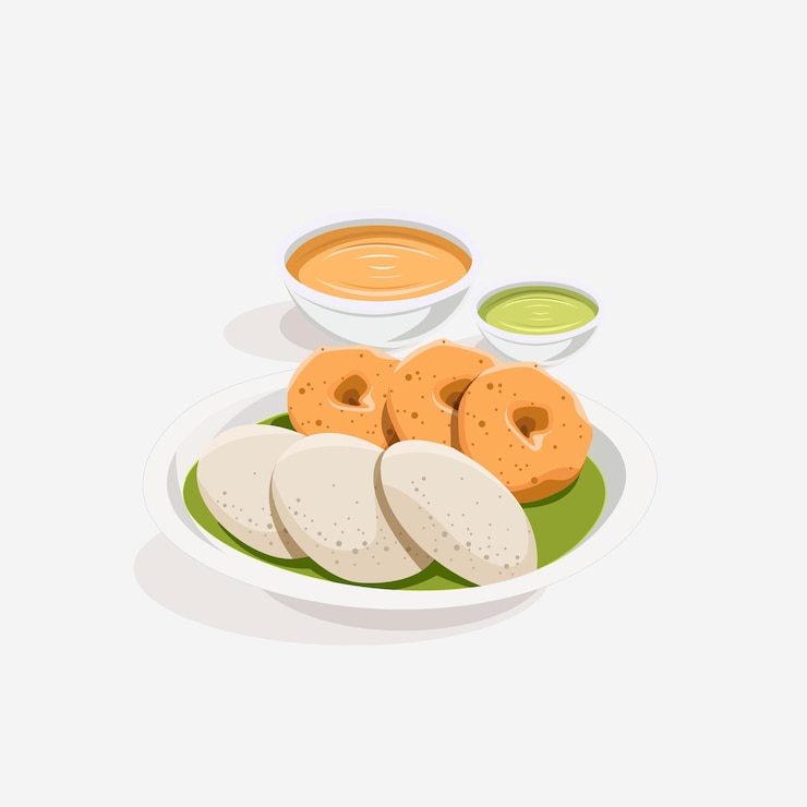 Vettore idli e vada tradizionali dell'india meridionale con chutney e sambar al curry
