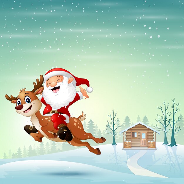 Il Babbo Natale felice che guida una renna che salta sulla neve
