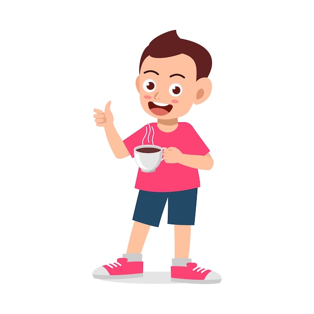 Il bambino beve caffè caldo e si sente felice
