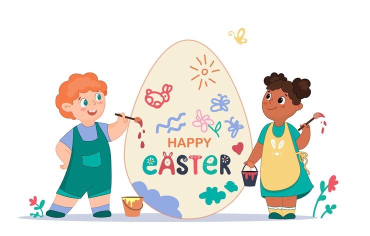 Il bambino è impegnato nella creatività colorando un uovo di Pasqua con colori e pennelli