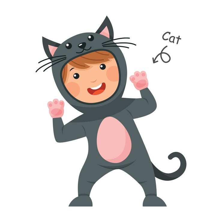Il bambino felice indossa i costumi degli animali del gatto Vettore