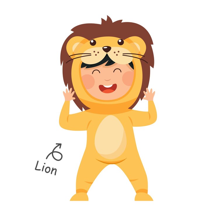 Il bambino felice indossa i costumi degli animali del leone Vettore