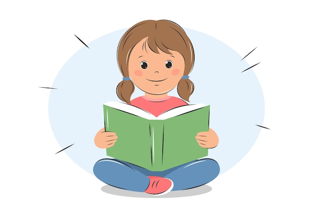Il bambino piccolo tiene il libro aperto e legge. Concetto di conoscenza e istruzione.