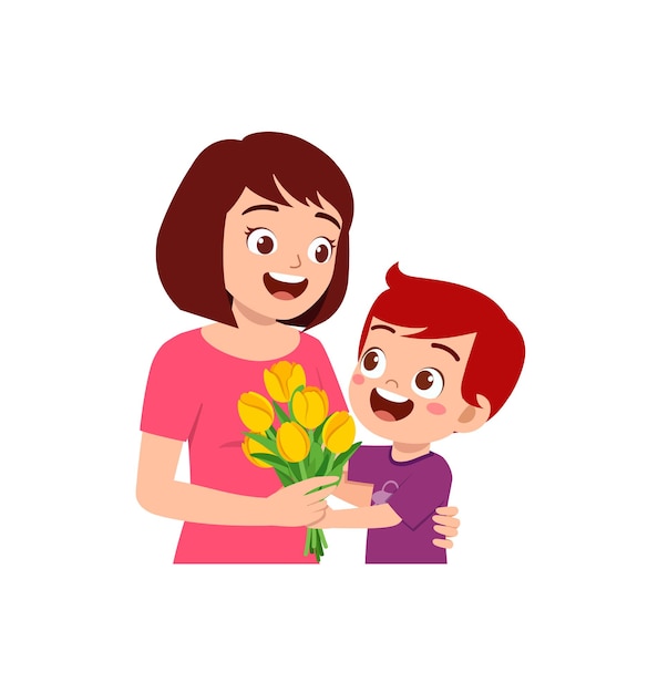 Il bambino regala un fiore alla mamma