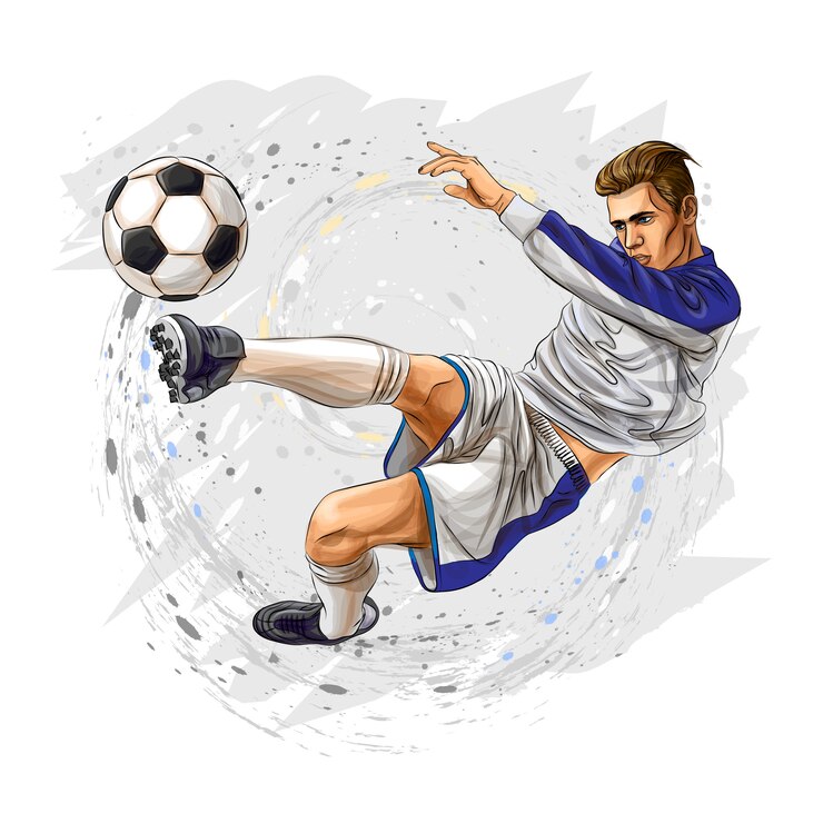 Il calciatore dà dei calci alla palla su un fondo bianco