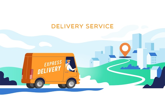 Il camion di consegna espresso con l'uomo sta trasportando i pacchi sui punti. Mappa online concettuale, monitoraggio, servizio.