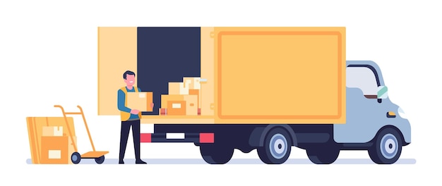 Il carrello elevatore scarica il carico dal camion Lavoratore che carica scatole di cartone nel vagone del camion Caricatore che solleva i pacchi Trasporto merci Contenitori distribuzione logistica Concetto vettoriale