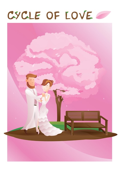 Il cerchio dell'amore imposta per la stagione di San Valentino, l'immagine degli amanti delle coppie è il matrimonio sotto l'albero, nella stagione dei fiori allegri su sfondo rosa, illustrazione vettoriale piatta.