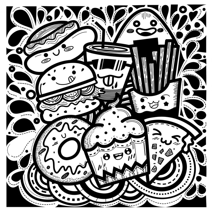 Vettore il cibo carino doodles lo stile quadrato composto da cupcakes, hamburger, ciambelle, patatine fritte, pizza, hot dog e un bicchiere d'acqua.