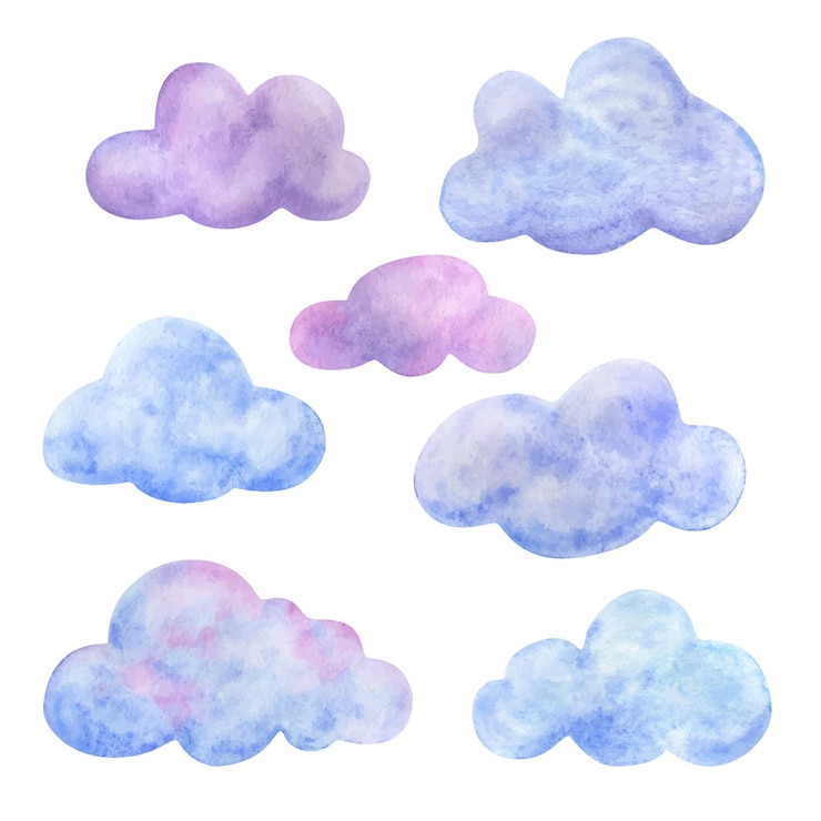Il cielo multicolore. Una serie di clipart di nuvole di cartone animato nei toni del rosa, lilla e blu.
