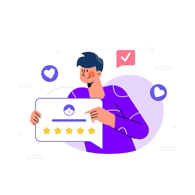 Il cliente fornisce feedback e valuta 5 stelle per il servizio in design piatto