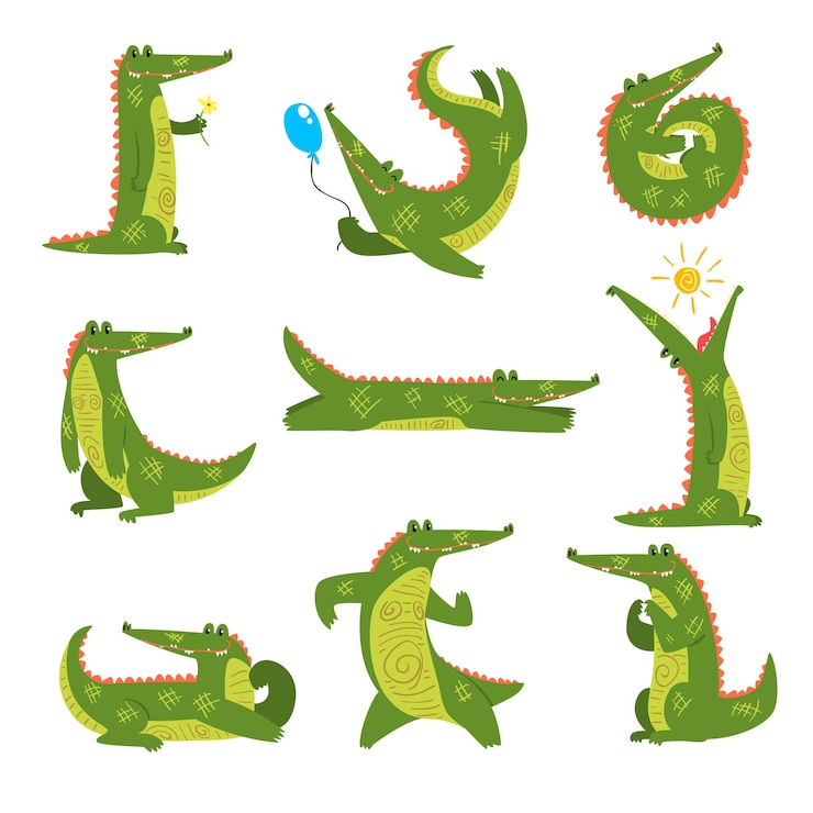 Vettore il coccodrillo amichevole in diverse pose imposta un'illustrazione divertente del vettore del personaggio dei cartoni animati del predatore su a