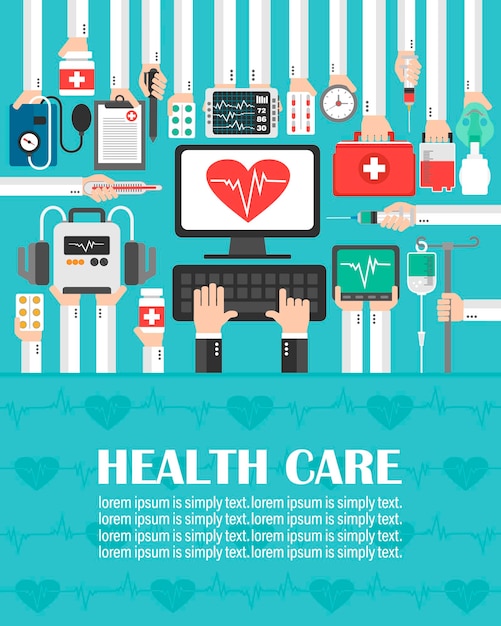Il computer medico con design piatto a cuore lorem ipsum è semplicemente un'illustrazione textVector