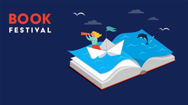 Il concetto del festival del libro di una ragazzina che naviga la barca e legge un enorme libro aperto di fantasia e
