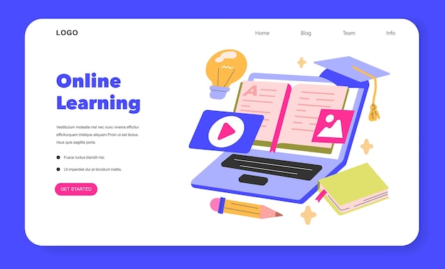 Il concetto di apprendimento online è una vivace esposizione di strumenti di apprendimento elettronico, dai portatili agli e-book, che simboleggia il