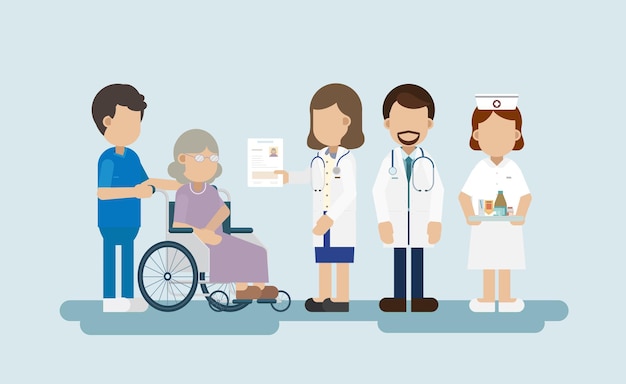 Il concetto di assistenza agli anziani con il personale medico si prende cura dell'illustrazione vettoriale del paziente anziano