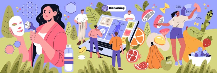 Vettore il concetto di biohacking consente agli individui di impegnarsi nell'auto-miglioramento attraverso la tecnologia e i dati nutrizionali